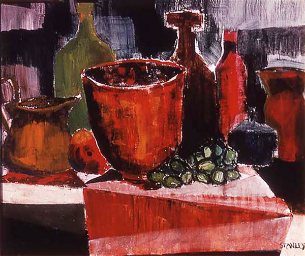 01 Still Life Red Bowl, acrylic on canvas paper, 24 x 18 in., 1965