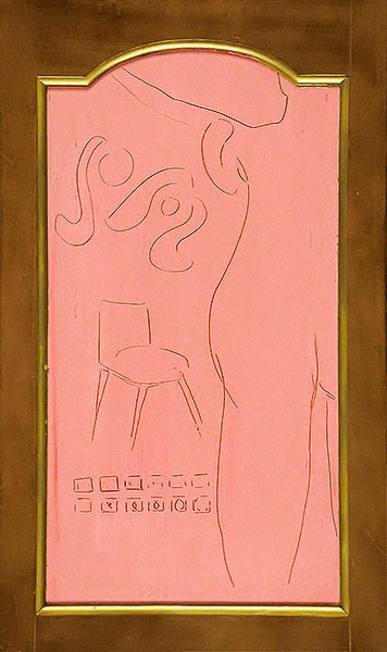 06 Homage to Matisse in Pink, acrylic,  sgraffitto of acrylic on wood panel, 22 x 13 in., 1971